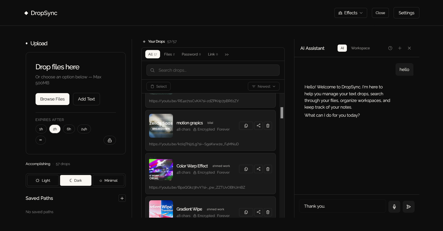 DropSync — the drops workspace with the AI assistant open