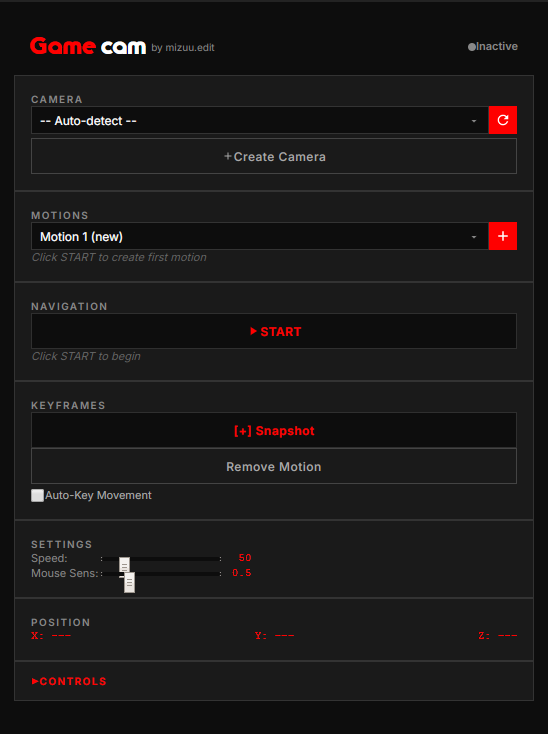 Game cam’s After Effects camera controls and keyframe panel